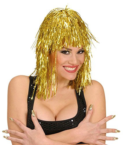 NET TOYS Party Disco Perücke Gold Glitter Vamp Fasching Lamettaperücke Lametta Faschingsperücke Karnevalsperücke Gogo