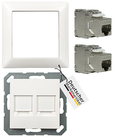 tsnetworks Keystone RJ45 Cat. 6A Modul inkl. Jung Keystone Abdeckung 2fach A1569-2WEWW & 1fach Rahmen AS581WW alpinweis, Netzwerkdose