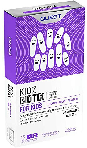 Quest Kidzbiotix Children's Blackcurrant Flavoured Probiotic Chewable Tablets for Gut, Digestive, Bowel and Immune Health. Multi Strain Complex with 2 Billion Live Bacteria Cultures (3 x 30 Capsules)