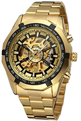 GuTe Reloj de pulsera mecánico automático, dial con diseño de X y mecanismo visible, color dorado y negro