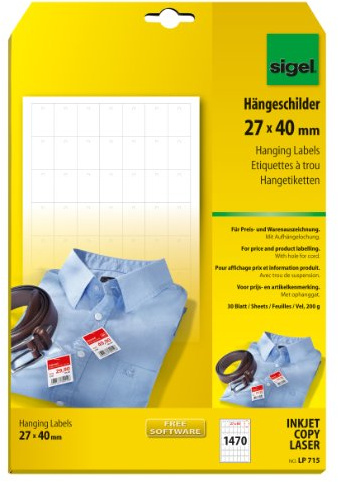 SIGEL LP715 Warenanhänger mit Aufhängeloch (A4, 27x40 mm) 1470 Stück | LP715, Hängeetiketten / Anhängeetiketten aus stabilem, weißem 200 g/m2 Karton