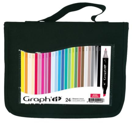 GRAPH’IT Trousse 24 Marqueurs Alcool Double Pointe - Set Manga - Pointe Fine et Biseautée - Illustration, Rough, Scrapbooking et Coloriage - Kit Dessin Complet, Couleurs Gris - Adulte, Enfant