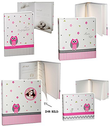 alles-meine.de GmbH 4 TLG. Set: Fotoalbum + Babytagebuch + Taufalbum + Album - Baby - Eule & Blumen - Gebunden zum Einkleben - Fotobuch/Photoalbum/Babyalbum - für Mädchen..