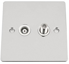TV Aerial + Sky Satellite Wall Socket - Polished Chrome Flat - White Insert