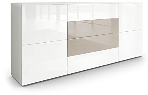 Vladon Sideboard Rova, Made in Germany, Kommode mit 4 Türen und 4 Schubladen, Weiß matt/Weiß Hochglanz/Sandgrau Hochglanz (166 x 72 x 35 cm)