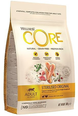 Wellness CORE Sterilised Original, Pute & Huhn, 300 g, Premium Katzenfutter trocken für sterilisierte Katzen, ohne Zuckerzusatz, getreidefrei, mit hohem Fleischanteil, beugt Haarballen vor