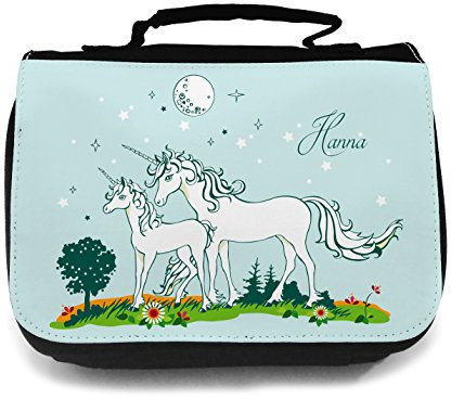ilka parey wandtattoo-welt Waschtasche Waschbeutel Kulturbeutel Kosmetiktasche Reisewaschtasche cosmeticbag Einhorn Einhörner Mondschein Sternenhimmel mit Name Wunschname hellblau wt005