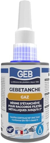 GEB Gebetanche gaz. Résine anaérobie d'étanchéité pour raccord fileté métal canalisations gaz et air comprimé. Jusqu'à 100 raccords - 75 ml