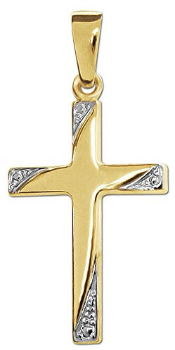 CLEVER SCHMUCK Goldener Kinder Anhänger kleines Kreuz 19 mm glänzend bicolor, Kreuzenden schräg angeschnitten bicolor mit Pünktchen verziert 333 GOLD 8 KARAT