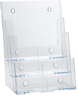 Azar Displays 252378, Brochure Holder, Acrylic Desk Organizer, Three Tier Document, Magazine & Sign Holder, Wall Mount Desk Accessories, Literature Display Stand, Divider for 4 Pamphlets, 8.5x11