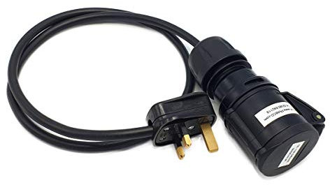 HDIUK 1 Metre Black Fly lead converter. 13A UK AC mains plug to 16A 220/240V IP44 Trailing socket coupler. Ideal for use on stage lighting, sound systems, and more