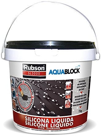Rubson Aquablock SL3000 Silicona Líquida negra, impermeabilizante líquido para prevenir y reparar goteras y humedades, silicona elástica con tecnología Silicotec, 1 x 1 kg