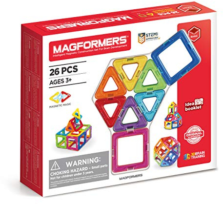 Magformers 26-Piece STEM Magnetic Tiles Toy, Used in Schools for Maths and Geometry, Rainbow-Coloured Squares and Triangles with Rotating Magnets.
