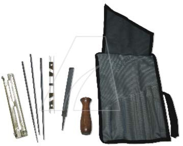 Schärfkit Schärfset in Tasche mit 3 Rundfeilen Feilenlehre Flachfeile und Tiefen