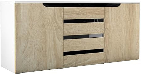 Vladon Sideboard Kommode Sylt V1, Made in Germany, Korpus in Weiß matt/Front in Eiche sägerau mit Absetzungen in Schwarz Hochglanz (139 x 72 x 35)
