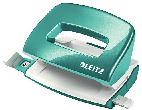 Leitz Mini Locher aus Metall, kleiner Locher für 10 Blatt, Metall, Anschlagschiene mit Formatangaben, Ergonomisches Design, eisblau, WOW-Serie, 50601051