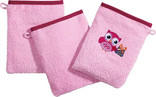 Erwin Müller Kinder Waschhandschuh, Waschlappen Frottier 3er-Pack Eule rosa Größe 15x21 cm - saugstark, langlebig, angenehm weich
