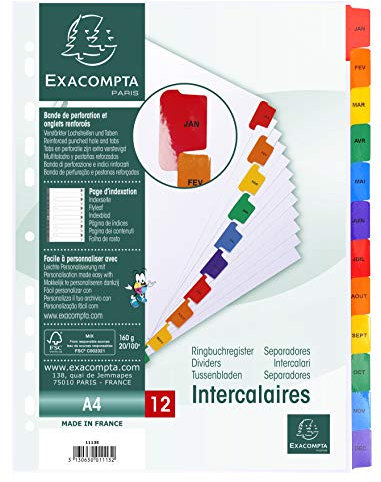 Exacompta 1113E Karton-Register Jan.-Dez- für DIN A4 aus Karton 12-teilig volle Höhe 21 x 29,7 cm weiß, bunte verstärkte Taben mit Indexseite Trennblätter Trennstreifen Ordner-Register, weiß | bunte Taben
