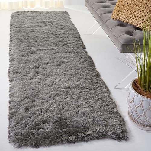 SAFAVIEH Paris Shag Collection Runner Rug - 2'3 x 8', Titanium Grey, Handmade, Soft Flowing Pile, Ideal for Hallway, Foyer, Bedside, Accent Space (SG511-8383)
