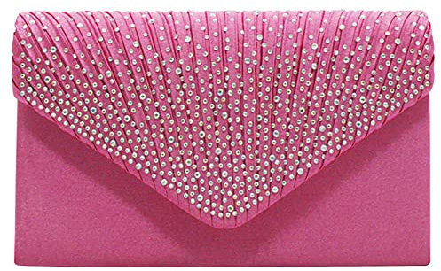 wocharm Womens Ladies Satin Diamante Clutch Bag Envelope Handbag Evening Bridal Bag Wedding Fashion Prom Vintage Shoulder Bags(Hot pink)