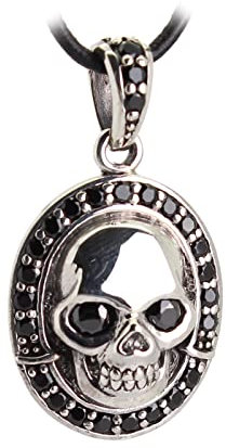 Budawi® Totenkopf Anhänger | Skull mit schwarzen Onyx Steinen | 925 Sterling Silber Kettenanhänger | Silberschmuck mit Lederband