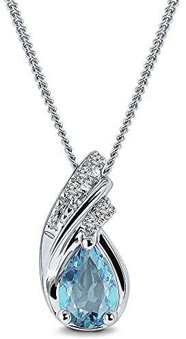 MIORE Halskette Damen, Kette Silber mit Kettenanhänger Weißgold 375, Silberkette mit Blautopas und Diamanten, Edelstein Kette mit natürlichen Topas Stein, Schmuck Damen - geliefert in Schmuckschatulle