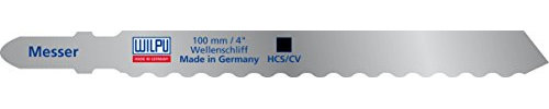 WILPU Stichsägeblatt Einnockenschaft (2 Stück, T-Aufnahme, Messer/HWL 100, Wellenschliff, Schnittlänge 75 mm, für Kunststoffschäume/PVC/Leder/Teppich/Pappe)