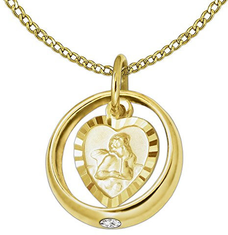 CLEVER SCHMUCK Set Goldener Kleiner Taufring glänzend Zirkoniastein weiß mit Einhänger Engel herzförmig seidenmatt Rand diamantiert und Kette Weitpanzer 34 cm 333 Gold 8 Karat im Taufe Etui Sand