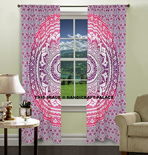 Exklusive indische Ombre-Mandala-Tapisserie, rosa, groß, Wandbehang, Hippie-Fenstervorhang, Volants, Raumteiler, 2-teiliges Panel-Set, aus Baumwolle, Fenster- und Wanddekoration