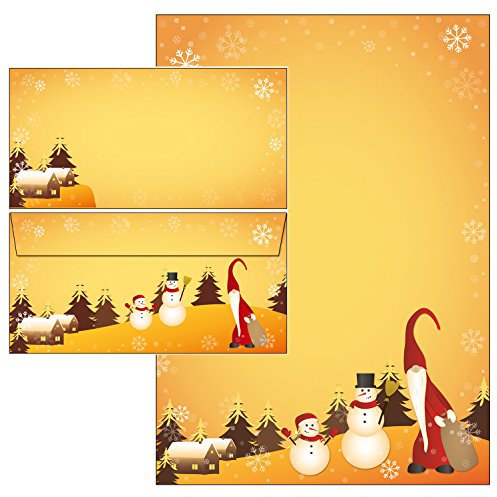 Weihnachten Wichtel und Schneemann Set 50-teilig 25 Blatt Briefpapier + 25 Stück Briefumschläge DIN lang ohne Fenster 51175+61175