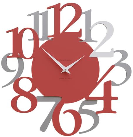CalleaDesign Moderne Wanduhr groß Russell, große Ziffern, Made in Italy, geräuschlos, ideal für das Wohnzimmer [Feuerrot, Aluminium, Weiß]