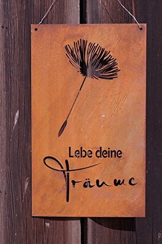 Edelrost Tafel Pusteblume mit Spruch 37 x 22 cm -Lebe Deine Träume- Gedichttafel