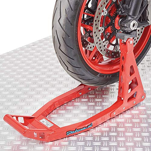 Motorrad Ständer Vorderrad Montageständer MotoGP - Leichtes Aluminium 3kg - Flache gummierte Adapter 5cm - Zwischenraum 18cm Innenmaß 17cm Außenmaß 27cm Rot
