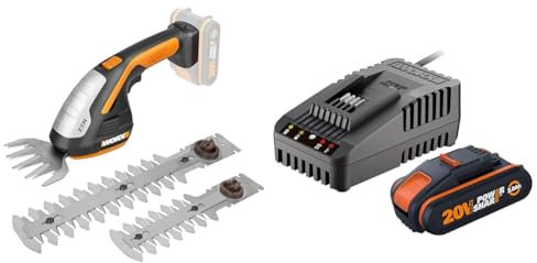 Worx WG801E.9 20V Akku-Gras- und Strauchschere WG801E Inklusiv 3 verschiedene Messer, ohne Akku und Ladegerät & WA3601 Akku mit Ladegerät Set: 20V 2000mAh Li-Ion Akkubatterie & Akku Ladestation
