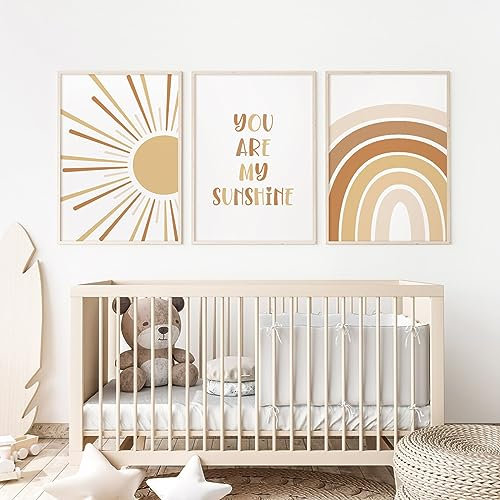 Boho Kinderzimmer Wandkunst Baby Mädchen Wanddekoration Kinder Regenbogen Leinwand Wandkunst You Are My Sunshine Bilder Kleinkind Sonne Drucke Kinderzimmer Kunstwerk für Zimmer Schlafzimmer 3er Set
