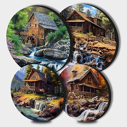 Cabin Waterfall Round Metal Hob Covers Set of 4 Stove Cooker Hob Covers for Cookers Gas Stove Protector Cookware Accessories Modern Cooktop Decor