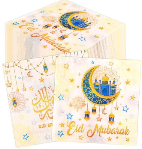 HOWAF 40 Serviette Papier Eid Mubarak, Serviette de Table Papier Eid Mubarak Serviette Aïd Mubarak Serviette Vaisselle Jetable Décoration de Table Idéale pour Ramadan Eid Mubarak Decoration