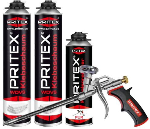 PRITEX - WDVS Klebeschaum Set 2 x 750 ml inkl. Schaumpistole und Reiniger zum Isolieren, Fixieren & Befestigen – Isolierschaum Dämmstoffkleber mit sehr guter Haftung