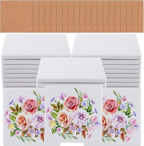MEIDIV Set of 20 Ceramic Coasters, Sublimation Blanks, Sublimation Coasters Cork Backed, Plain White Ceramic Coaster Tiles for Crafts, Personalised Coasters for Alcohol Ink, Painting, DIY, Art