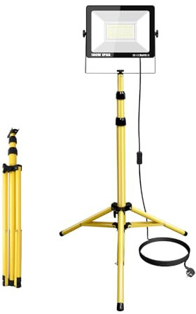 YOJZMA Projecteur LED de chantier 100W avec trépied, 10000LM, monoculaire portable, lumière de travail IP66 étanche 175V-265V avec câble 5m et prise pour atelier, garage, chantier, sous-sol