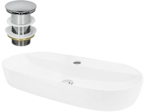LuxeBath Lavabo da Appoggio in Ceramica Bianco Lucido Ovale 80 x 40 x 12 cm Lavandino con Set di Scarico in Ottone Cromato Lavello Lavamani Piletta Drenaggio Sanitari per Bagno in Design Moderno