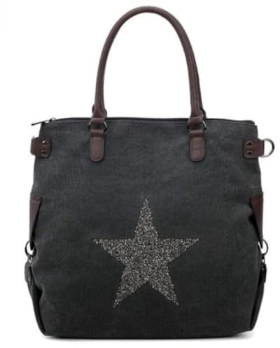 Staremvy Star Tote XL Shoulder Bag, Large Canvas with Glitter Star, Faux Leather Handles & Removable Strap, Multiway Carry, Zip Closure, Spacious Size 50 × 35 × 7 cm (Black)