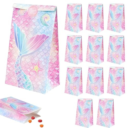 12 Stück Meerjungfrau Geschenktüten, Meerjungfrau Tüten Kindergeburtstag, Papiertüten Klein, mit Aufkleber, für Kindergeburtstag, Mädchen Party Taschen, Gastgeschenke Tüten