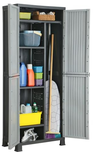 Owoxanthellate Kunststoffschrank 68x39x171 cm grau platzsparender Mehrzweckschrank mit 2 Türen 20 kg Fachbodenlast abschließbarer Haushaltsschrank für Home Office Balkon Garage