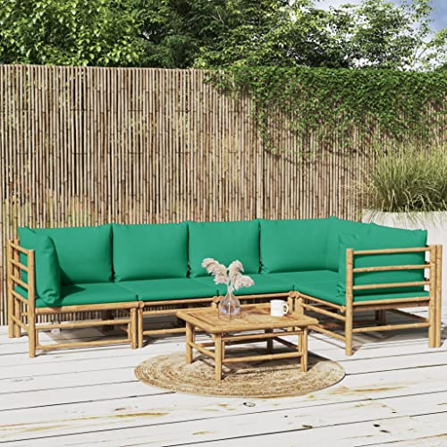 JHQHSM Salon de jardin en bambou 6 pièces avec coussins verts, canapé d'extérieur robuste et table d'appoint pour terrasse, meubles en rotin durables avec rembourrage pour un confort d'assise maximal