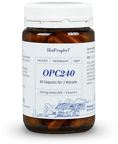 BioProphyl® OPC240 - Das Original - 240mg reines OPC aus 600mg Traubenkernextrakt aus französ. Trauben mit Vitamin C aus Acerolakirsche - hochdosiert, zertifiziert - 60 pflanzl. Kapseln für 2 Monate
