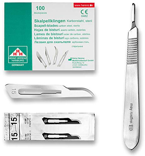 Set - 100 pezzi di lame bisturi Figura 15 in acciaio al carbonio - lame di ricambio in confezione singola sterile + 1 x maggio - porta bisturi con impugnatura rotonda - acciaio inox
