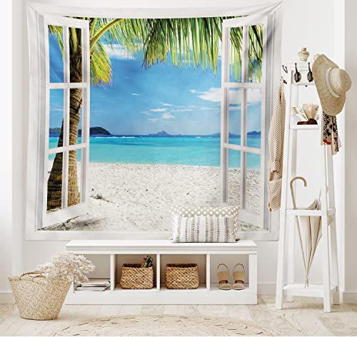 ABAKUHAUS Tropisch Wandteppich und Tagesdecke, Tropical Beach Palmen aus Weiches Mikrofaser Stoff Waschbar ohne Verblassen Digitaldruck, 230 x 140 cm, Weiß Grün