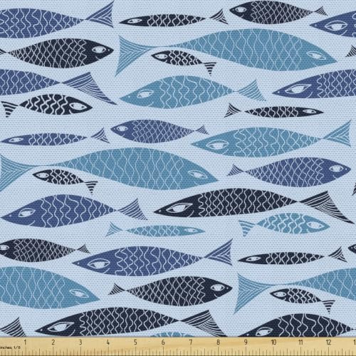 ABAKUHAUS Marine Gewebe als Meterware, Graphic Fisch Silhouetten, Schön Gewebten Stoff für Polster und Wohnaccessoires, 1M (148x100cm),Blau Dunkelblau Dunkelblau