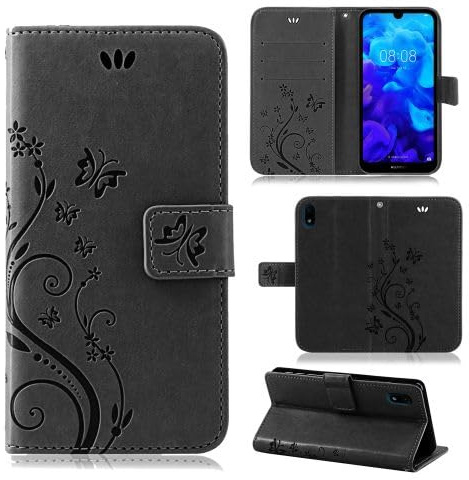 betterfon Hülle Kompatibel mit Huawei Y5 (2019) | Premium PU Leder Handyhülle Wallet Case für Y5 (2019) | Schutzhülle Blumen Klapphülle Handyhülle | Schwarz